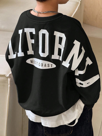 Kids 1pc Young Boys Letter Graphic Thick Autumn Sweatshirt,College Style Loose Fit Winter 80s Day Back-To-School Fashion Comfortable Casual Pullover