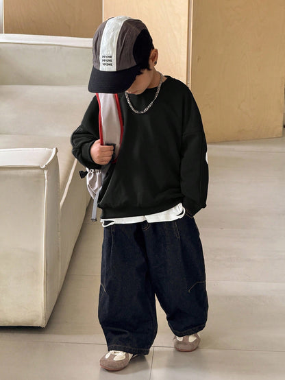Kids 1pc Young Boys Letter Graphic Thick Autumn Sweatshirt,College Style Loose Fit Winter 80s Day Back-To-School Fashion Comfortable Casual Pullover