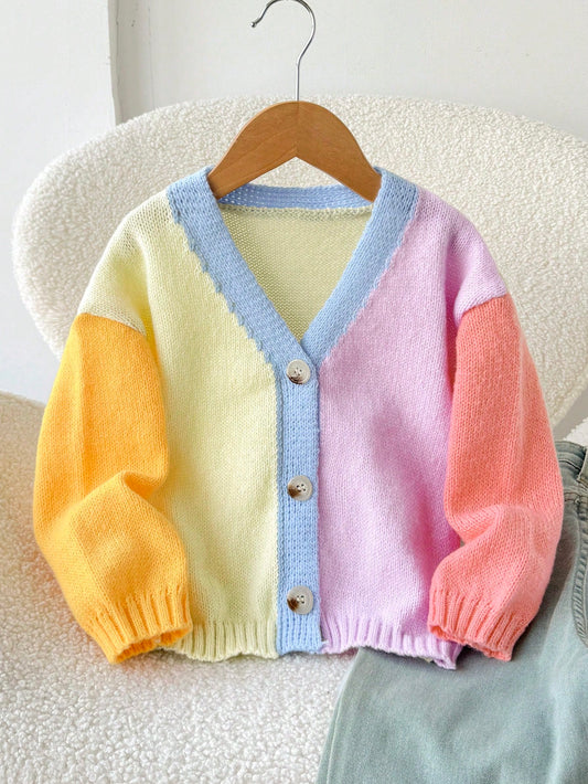 Kids Back-To-School Toddler Girls Cardigan,Navy Blue School Rainbow Colorblock Knit Autumn Winter Jacket,Cute Knitted Sweater For Daily Wear,All