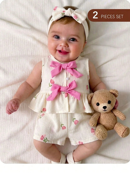 Kids Multicolor Polyester Ruffle Flounce Sleeve Tank Top Co-Ord With Plants Pattern For Baby Girls Vacation Style
