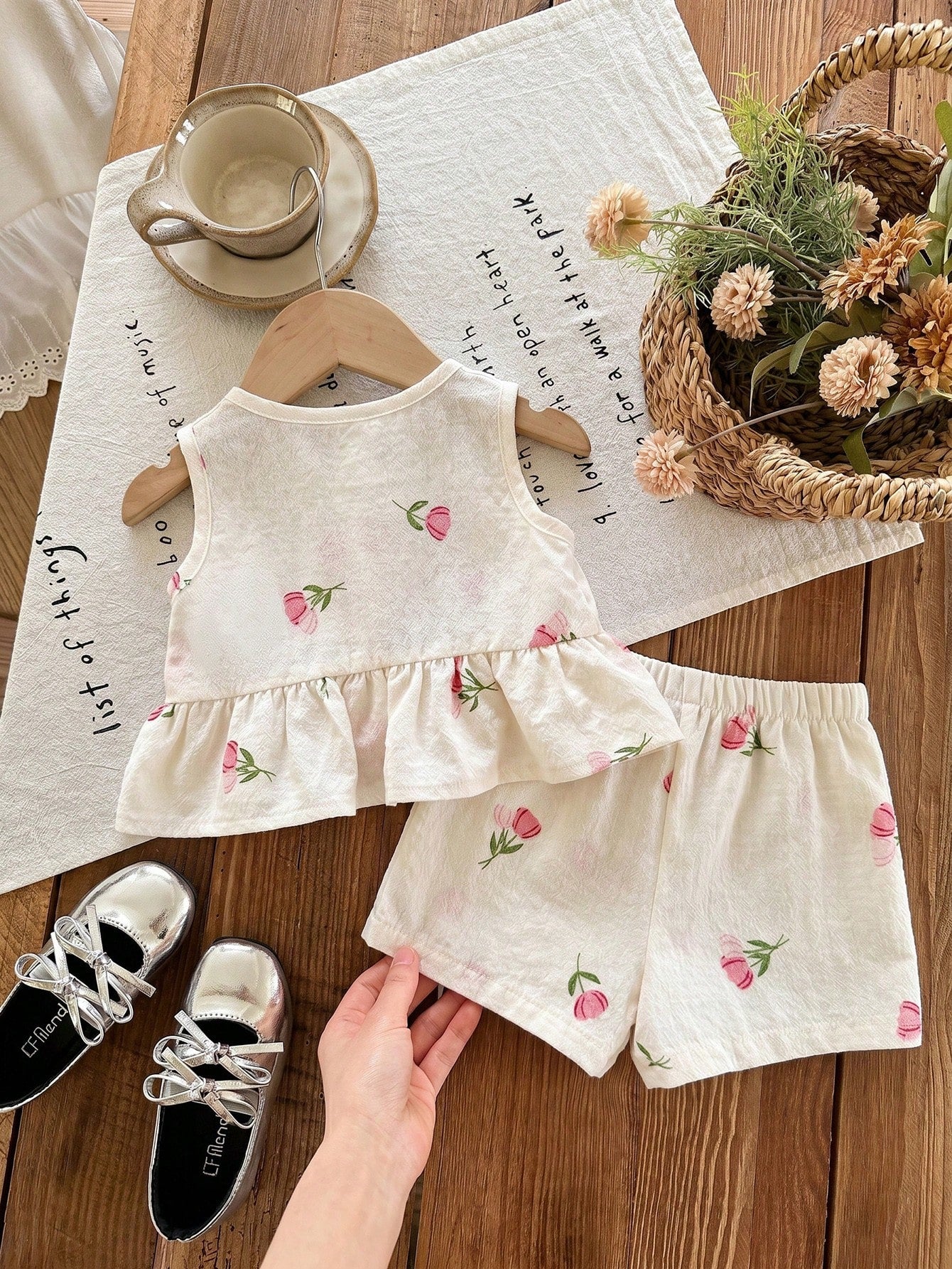 Kids Multicolor Polyester Ruffle Flounce Sleeve Tank Top Co-Ord With Plants Pattern For Baby Girls Vacation Style