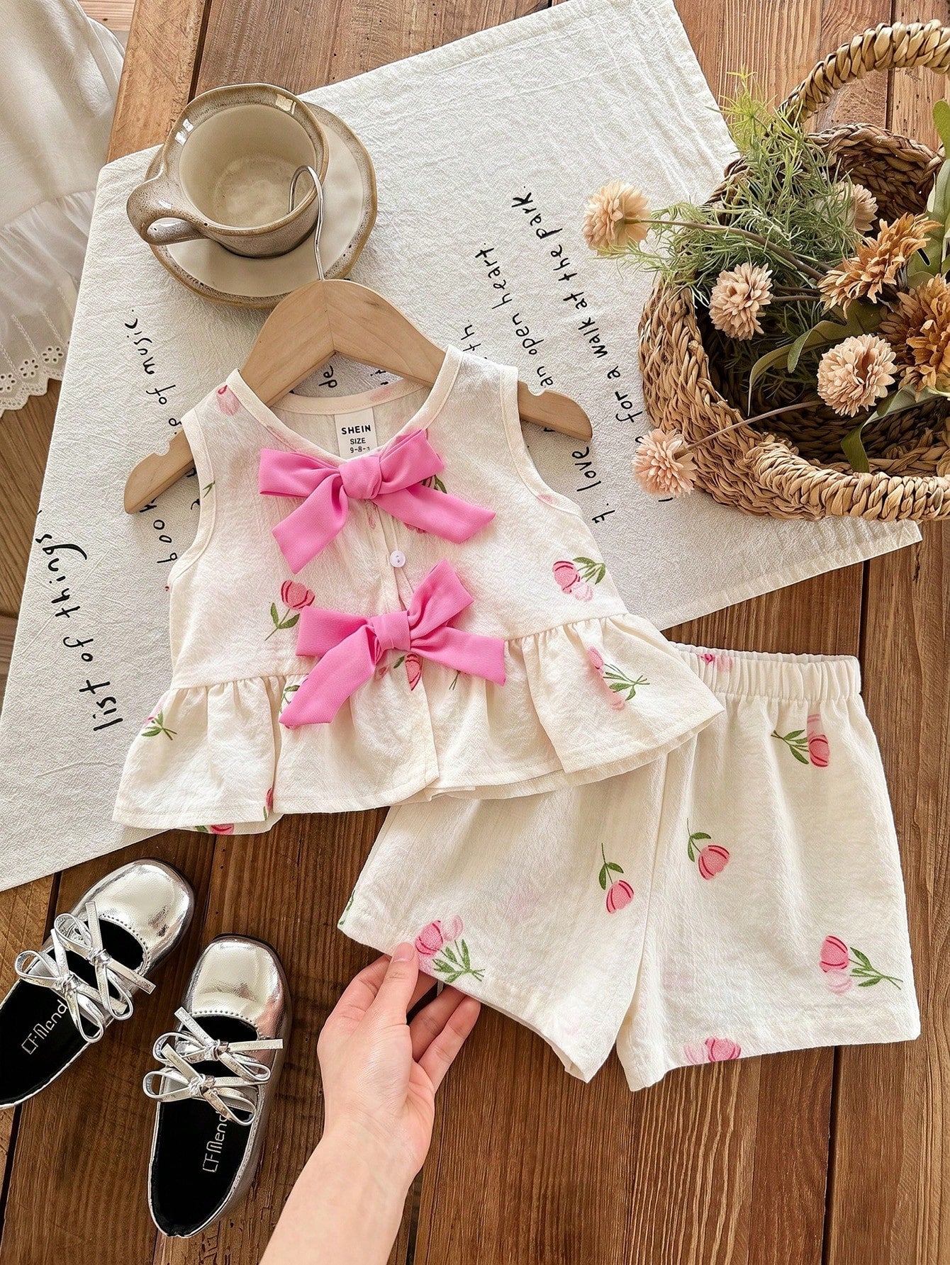 Kids Multicolor Polyester Ruffle Flounce Sleeve Tank Top Co-Ord With Plants Pattern For Baby Girls Vacation Style