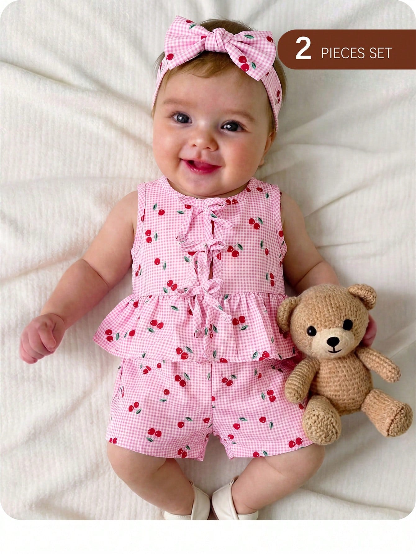 Kids Multicolor Polyester Ruffle Flounce Sleeve Tank Top Co-Ord With Plants Pattern For Baby Girls Vacation Style