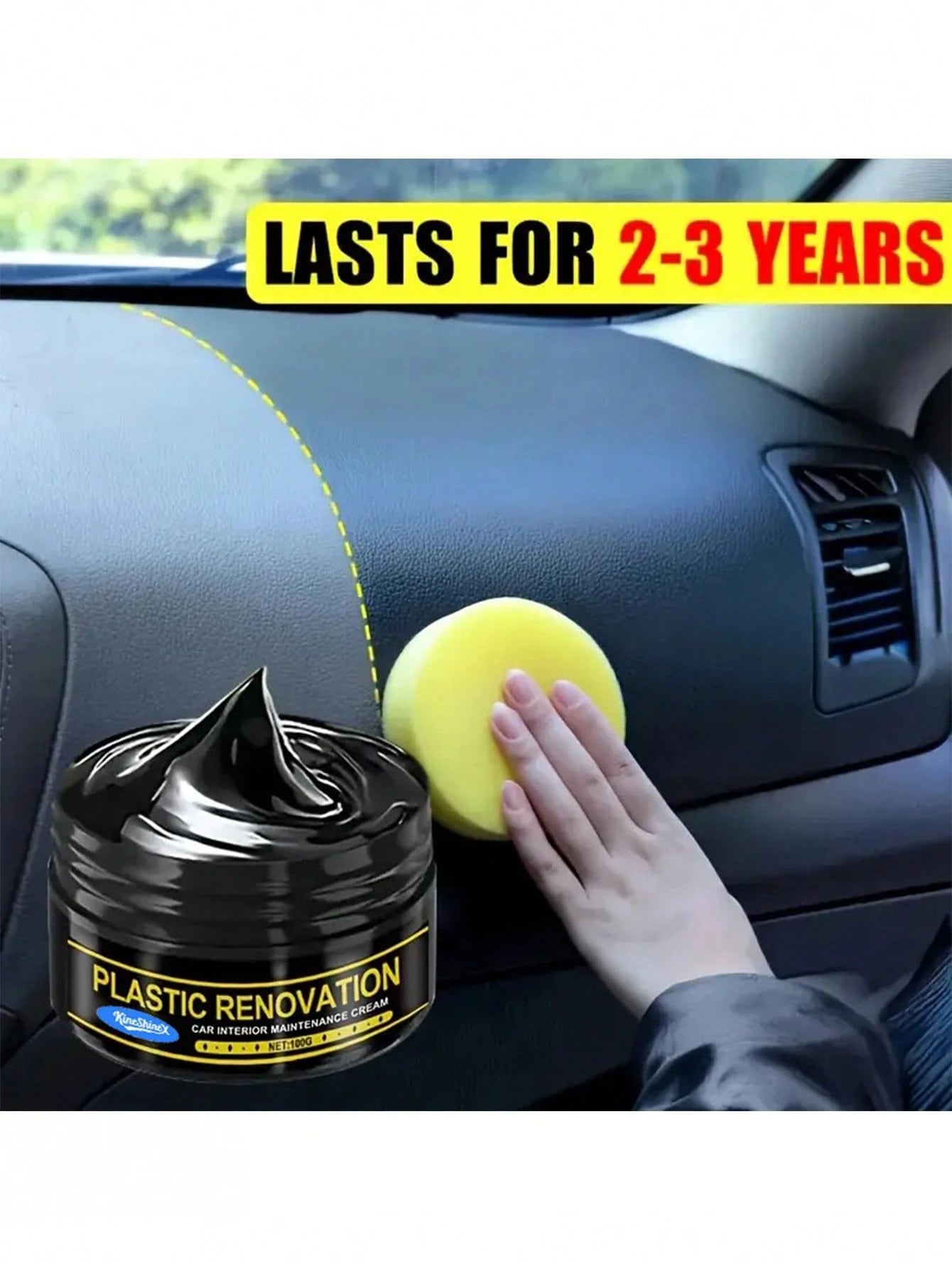 KineShineX Car Interior Polishing Paste, Car Leather Seats, Dashboard Control Panel Polishing Repair Paste, Scratch Repair Wax, Tire Blackening Agent, Car Parts, Comes With A Car Cleaning Sponge As A