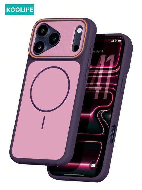 KOOLIFE 1pc Purple Dual-Color Magnetic Wireless Charging Phone Case, Built-In Strong MagSafe Magnetic Ring, Contrasting Orange Lens Frame, Matte TPU+PC Dual-Layer Shockproof Protection, Smooth Soft To