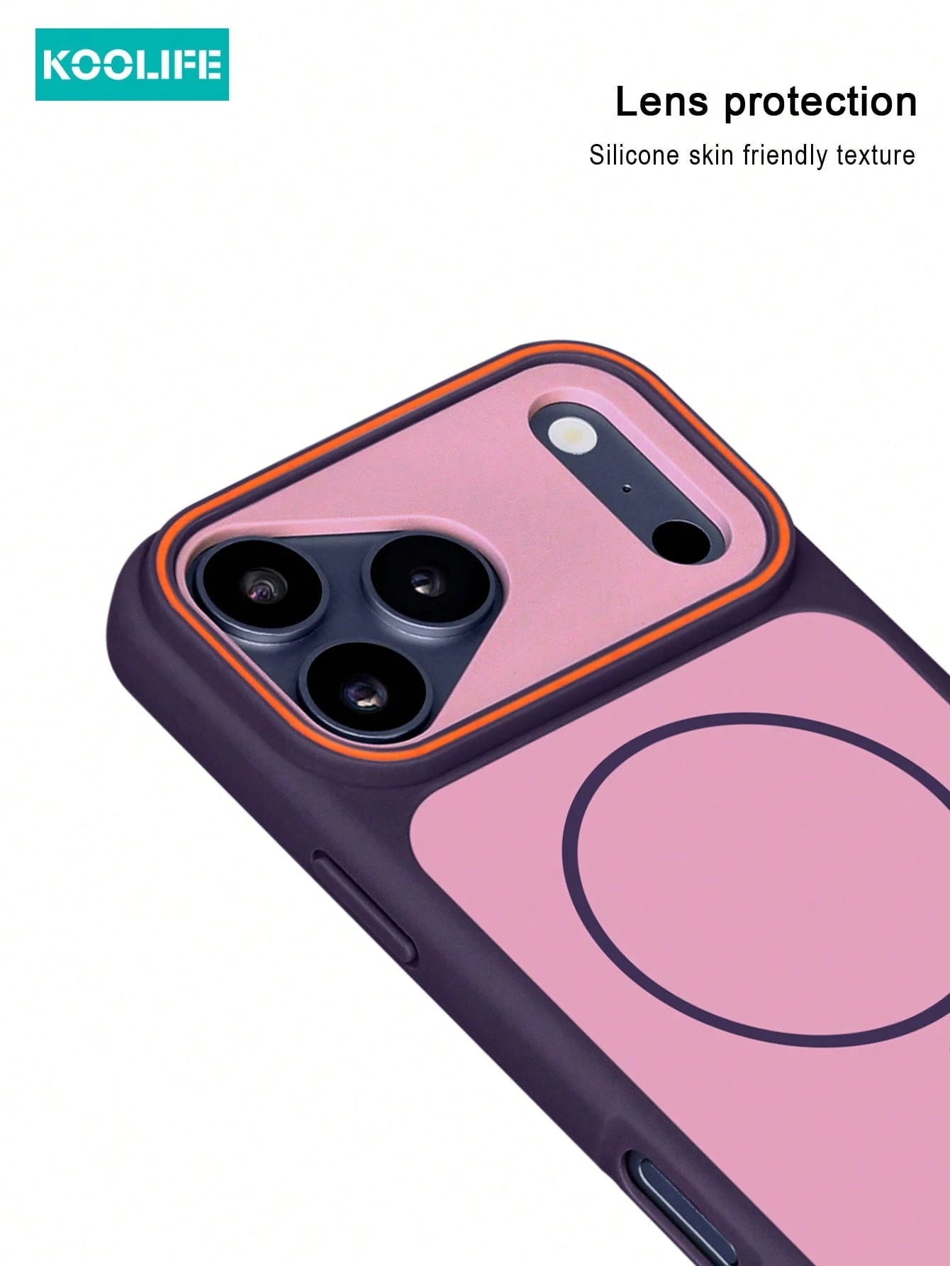 KOOLIFE 1pc Purple Dual-Color Magnetic Wireless Charging Phone Case, Built-In Strong MagSafe Magnetic Ring, Contrasting Orange Lens Frame, Matte TPU+PC Dual-Layer Shockproof Protection, Smooth Soft To