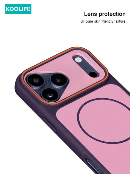 KOOLIFE 1pc Purple Dual-Color Magnetic Wireless Charging Phone Case, Built-In Strong MagSafe Magnetic Ring, Contrasting Orange Lens Frame, Matte TPU+PC Dual-Layer Shockproof Protection, Smooth Soft To