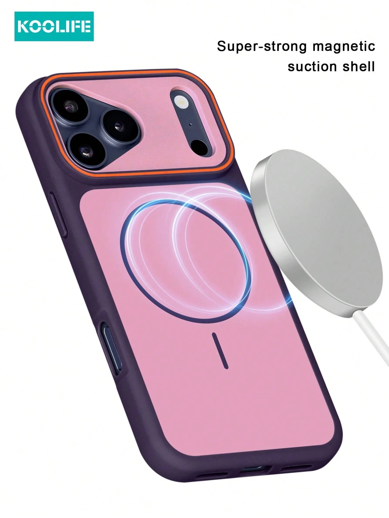 KOOLIFE 1pc Purple Dual-Color Magnetic Wireless Charging Phone Case, Built-In Strong MagSafe Magnetic Ring, Contrasting Orange Lens Frame, Matte TPU+PC Dual-Layer Shockproof Protection, Smooth Soft To