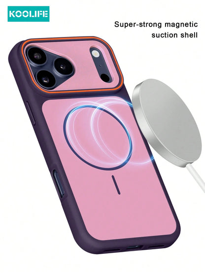 KOOLIFE 1pc Purple Dual-Color Magnetic Wireless Charging Phone Case, Built-In Strong MagSafe Magnetic Ring, Contrasting Orange Lens Frame, Matte TPU+PC Dual-Layer Shockproof Protection, Smooth Soft To
