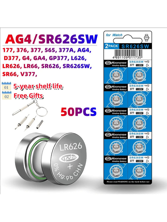 Koonenda Button Battery Watch Battery AG4/LR626 1.5V 18mAh, Used For Watches, Toys, Etc., Non Rechargeable