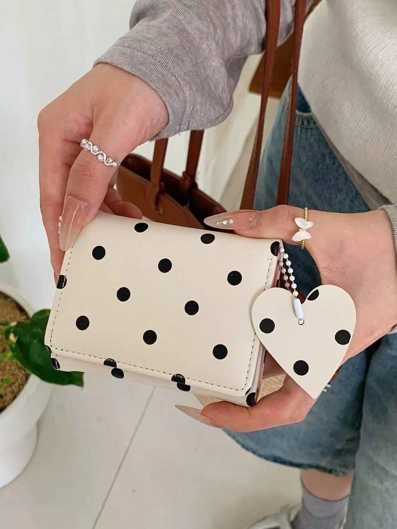 Korean Niche Design INS Style Fresh Polka Dot Heart Pendant Wallet Soft Cute Girl Style Multi-Slot Short Wallet Daily Portable Card Holder,Card Case
