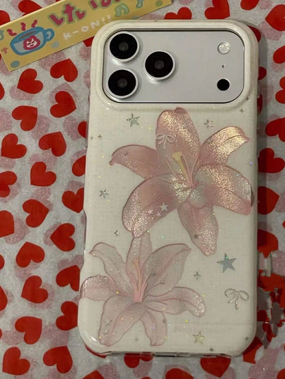 Korean Style Ins Pink Feather Lily Flower Phone Case Compatible With IPhone 17 Pro, 17 Pro Max, 16 Pro, 16 Pro Max, 15 Pro, 15 Pro Max, Shockproof Protective Cover, Niche Design For Women