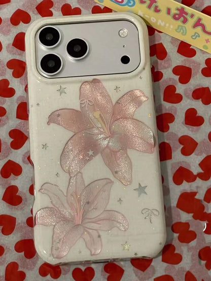 Korean Style Ins Pink Feather Lily Flower Phone Case Compatible With IPhone 17 Pro, 17 Pro Max, 16 Pro, 16 Pro Max, 15 Pro, 15 Pro Max, Shockproof Protective Cover, Niche Design For Women