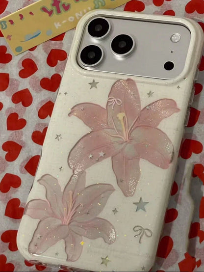 Korean Style Ins Pink Feather Lily Flower Phone Case Compatible With IPhone 17 Pro, 17 Pro Max, 16 Pro, 16 Pro Max, 15 Pro, 15 Pro Max, Shockproof Protective Cover, Niche Design For Women