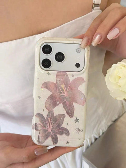 Korean Style Ins Pink Feather Lily Flower Phone Case Compatible With IPhone 17 Pro, 17 Pro Max, 16 Pro, 16 Pro Max, 15 Pro, 15 Pro Max, Shockproof Protective Cover, Niche Design For Women