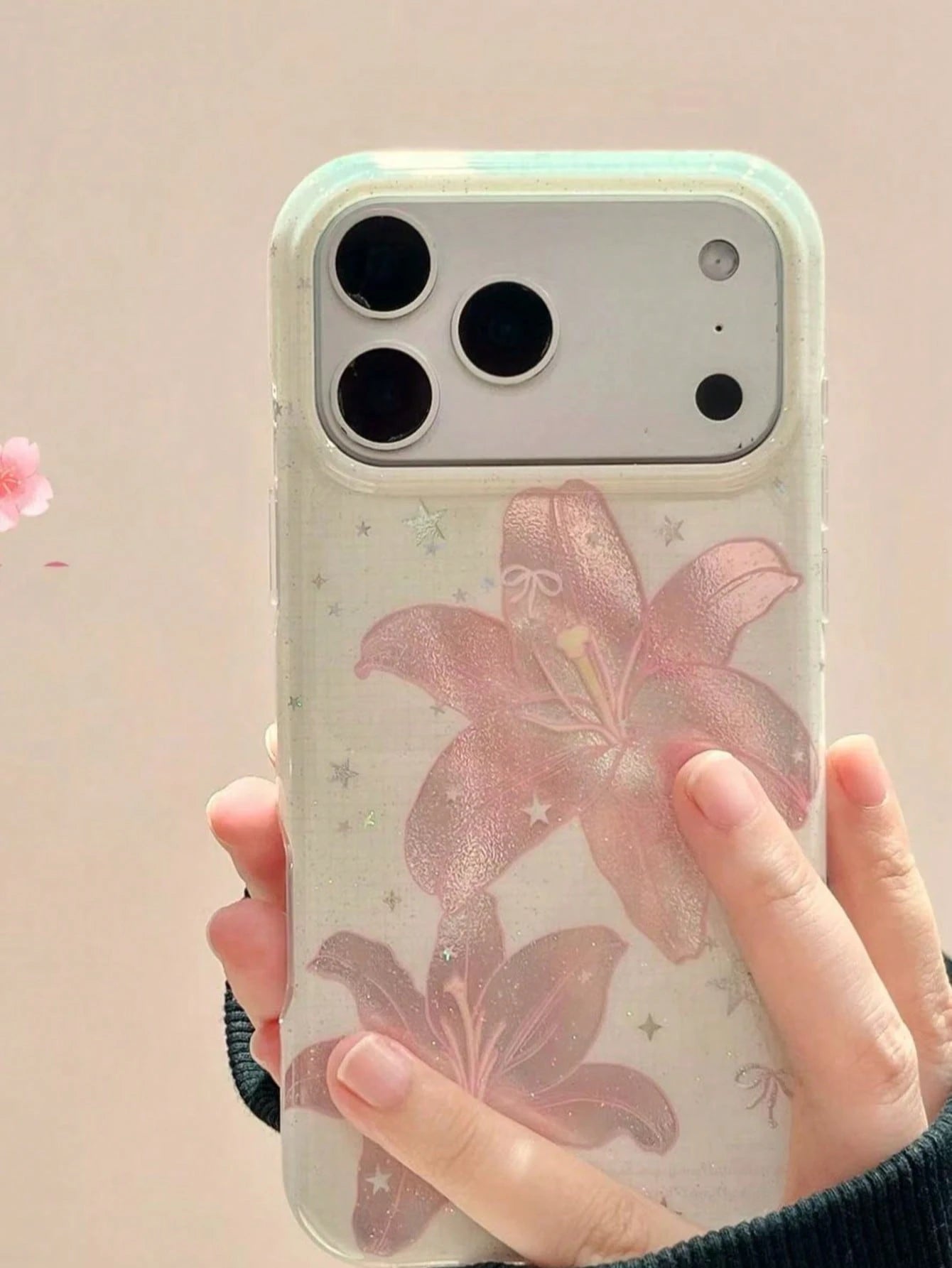 Korean Style Ins Pink Feather Lily Flower Phone Case Compatible With IPhone 17 Pro, 17 Pro Max, 16 Pro, 16 Pro Max, 15 Pro, 15 Pro Max, Shockproof Protective Cover, Niche Design For Women