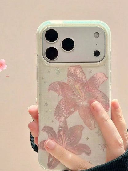 Korean Style Ins Pink Feather Lily Flower Phone Case Compatible With IPhone 17 Pro, 17 Pro Max, 16 Pro, 16 Pro Max, 15 Pro, 15 Pro Max, Shockproof Protective Cover, Niche Design For Women