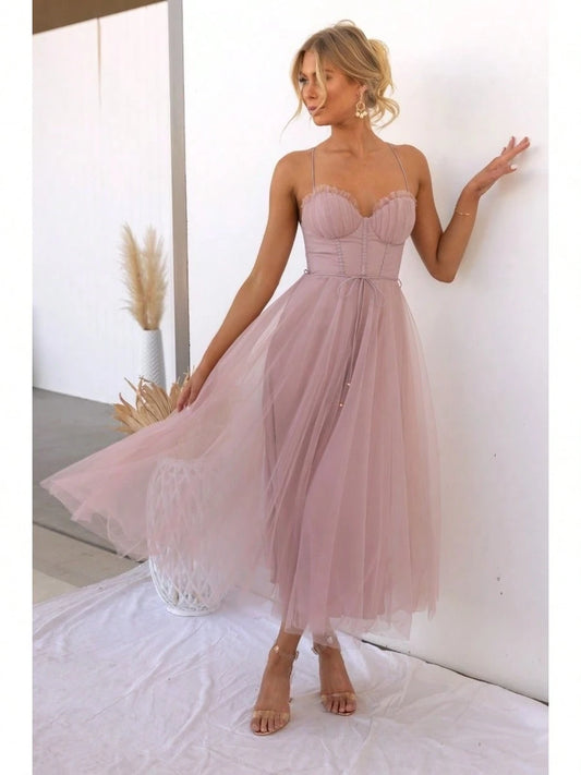 KZKZWK Cami Tulle Midi Dress With Corset Bodice, Sweetheart Neckline, Tie Waist Detail, Flared A-Line Skirt, Bridesmaid & Formal Party Wear