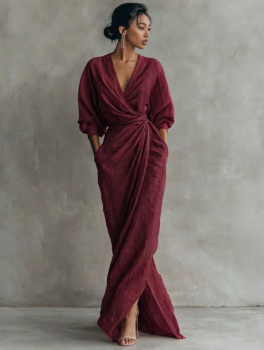 KZKZWK Linen-Blend Wrap Maxi Dress, V-Neck Batwing Sleeve Waist Tie With Slit, Elegant Formal Evening Gown