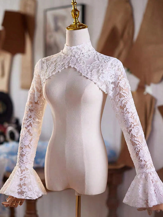 Lace Hollow Out Short Beaded Decor Shawl Top, French Romantic Elegant Evening Dress Companion, White Shoulder Decor, Arm Cover Lace Sleeve Fake Collar
