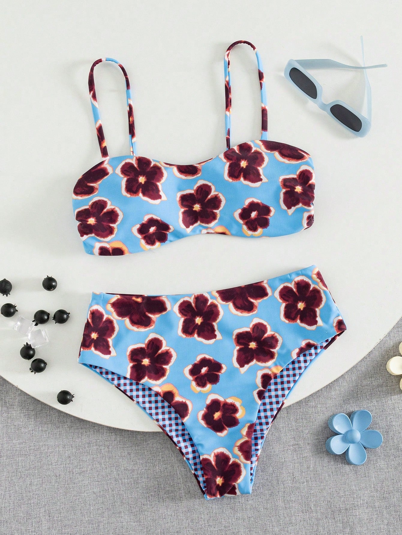 Ladies' Cute Spring/Summer Vacation Printed Flat Chest Thin Strap Bikini 2 Pieces Set With High Waist Swimming Pants