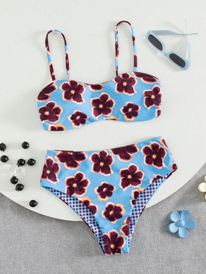 Ladies' Cute Spring/Summer Vacation Printed Flat Chest Thin Strap Bikini 2 Pieces Set With High Waist Swimming Pants
