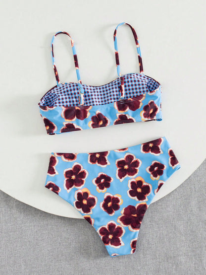 Ladies' Cute Spring/Summer Vacation Printed Flat Chest Thin Strap Bikini 2 Pieces Set With High Waist Swimming Pants