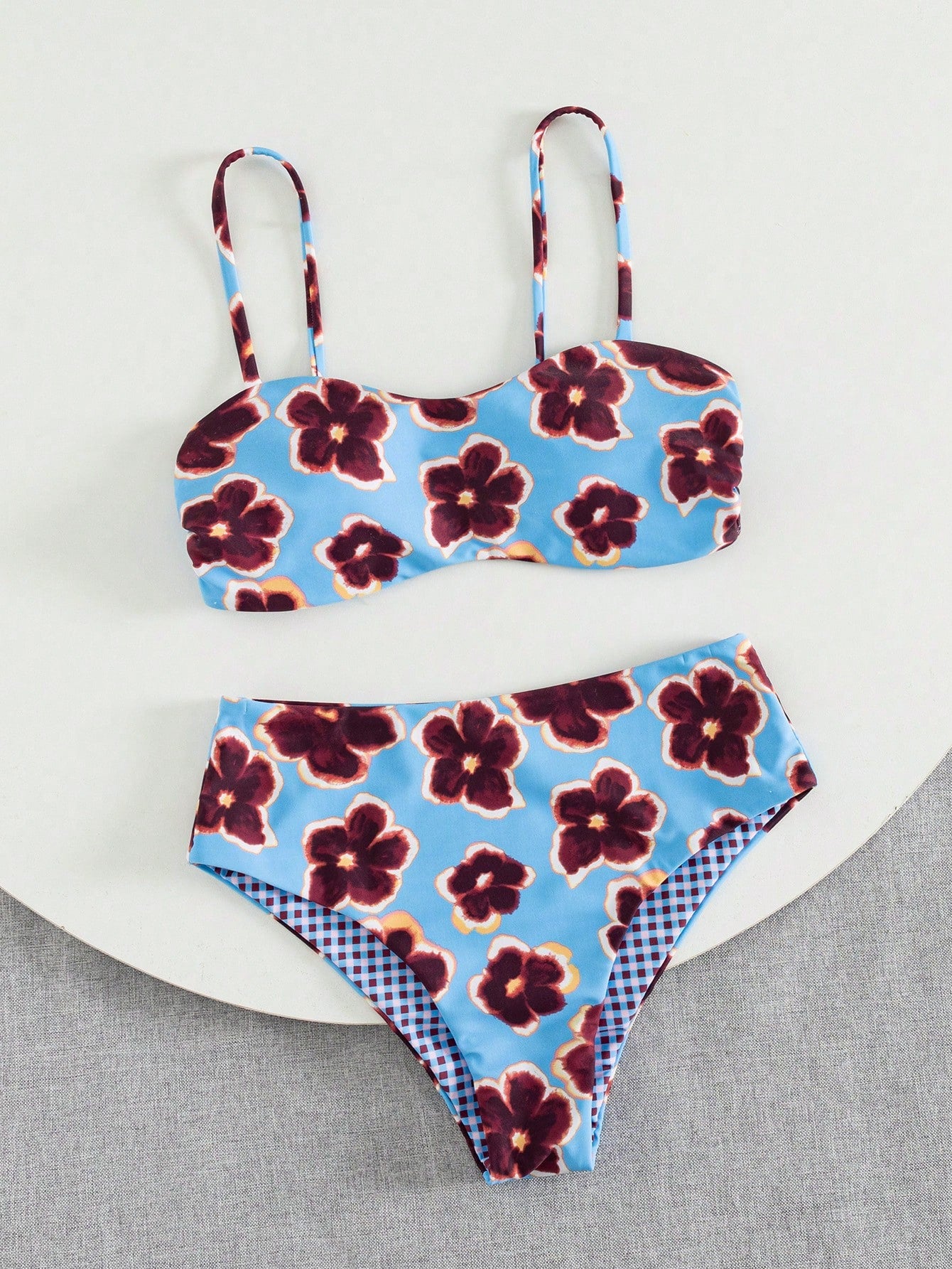 Ladies' Cute Spring/Summer Vacation Printed Flat Chest Thin Strap Bikini 2 Pieces Set With High Waist Swimming Pants