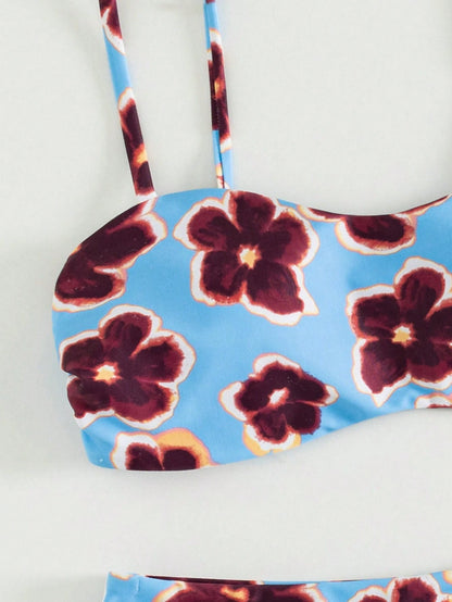 Ladies' Cute Spring/Summer Vacation Printed Flat Chest Thin Strap Bikini 2 Pieces Set With High Waist Swimming Pants