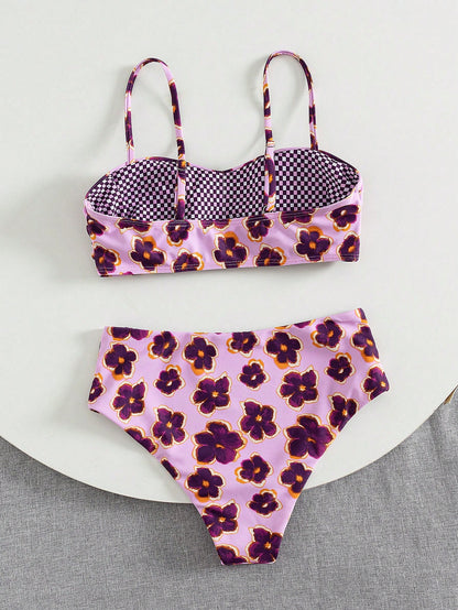 Ladies' Cute Spring/Summer Vacation Printed Flat Chest Thin Strap Bikini 2 Pieces Set With High Waist Swimming Pants