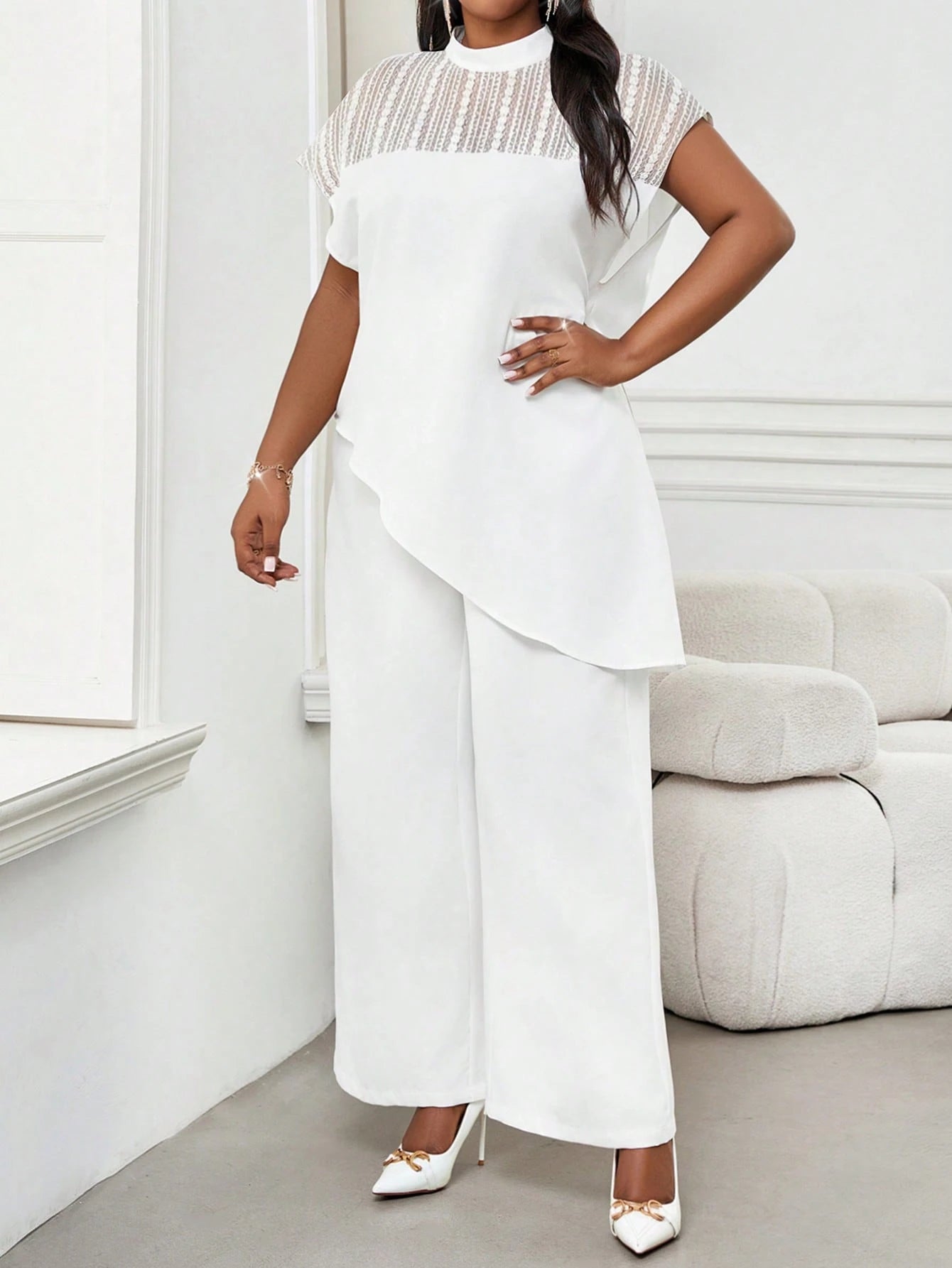 Lady Plus Size Women Elegant Batwing Sleeve Asymmetric Hem Casual Top