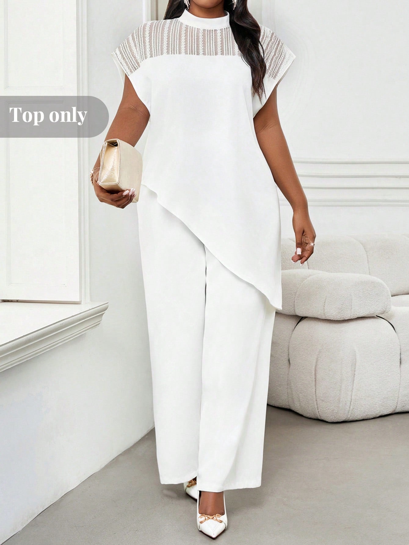 Lady Plus Size Women Elegant Batwing Sleeve Asymmetric Hem Casual Top