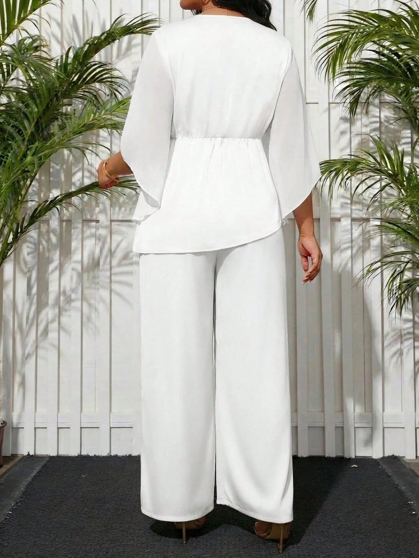 Lady White Summer Elegant Formal Party Plus Size Women Solid Color Asymmetrical Hem Shirt & Pants 2 Pieces Set,Casual Classy Graduation Dress Work Outfits