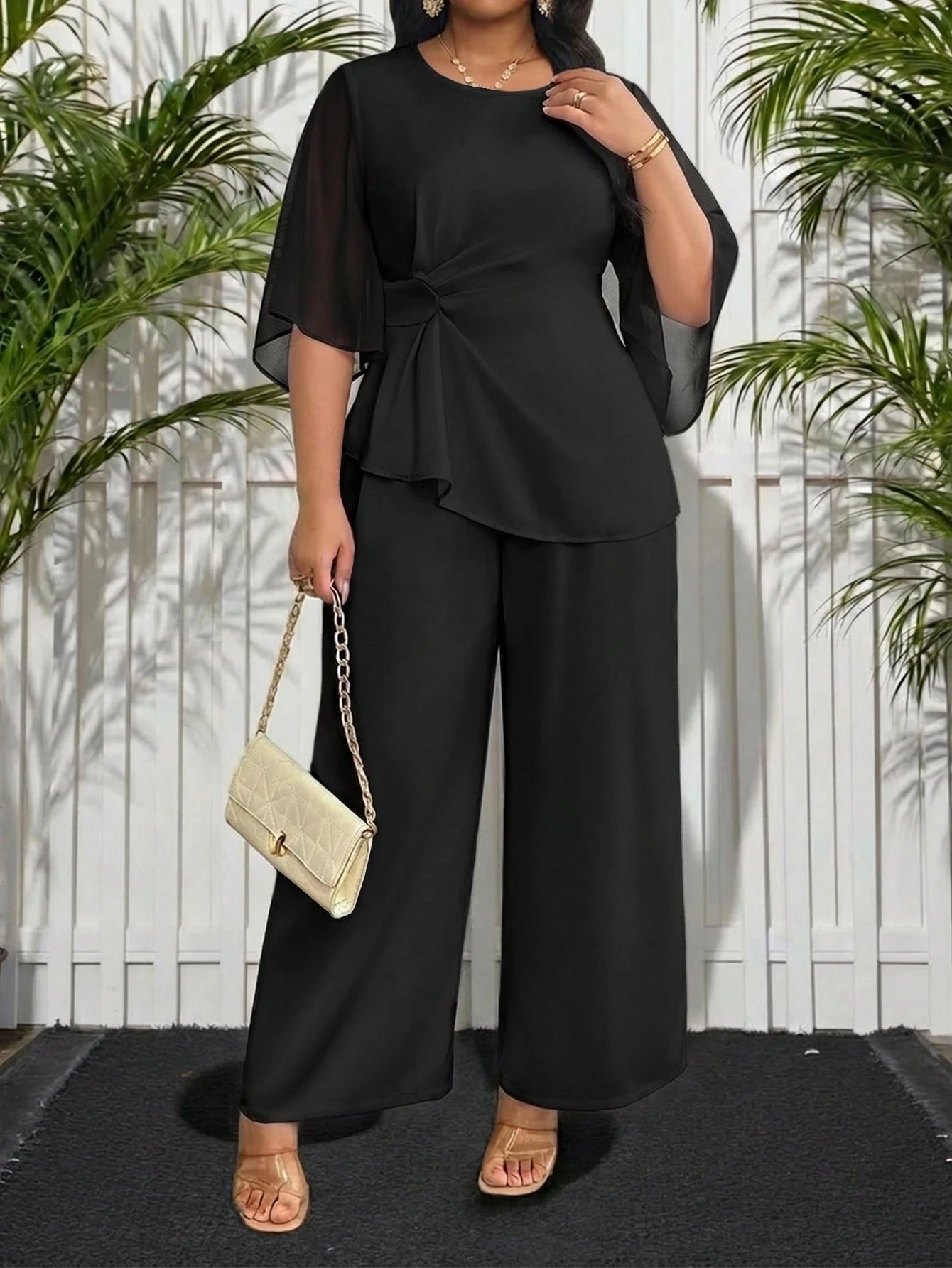 Lady White Summer Elegant Formal Party Plus Size Women Solid Color Asymmetrical Hem Shirt & Pants 2 Pieces Set,Casual Classy Graduation Dress Work Outfits