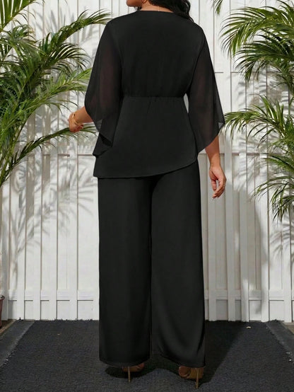 Lady White Summer Elegant Formal Party Plus Size Women Solid Color Asymmetrical Hem Shirt & Pants 2 Pieces Set,Casual Classy Graduation Dress Work Outfits