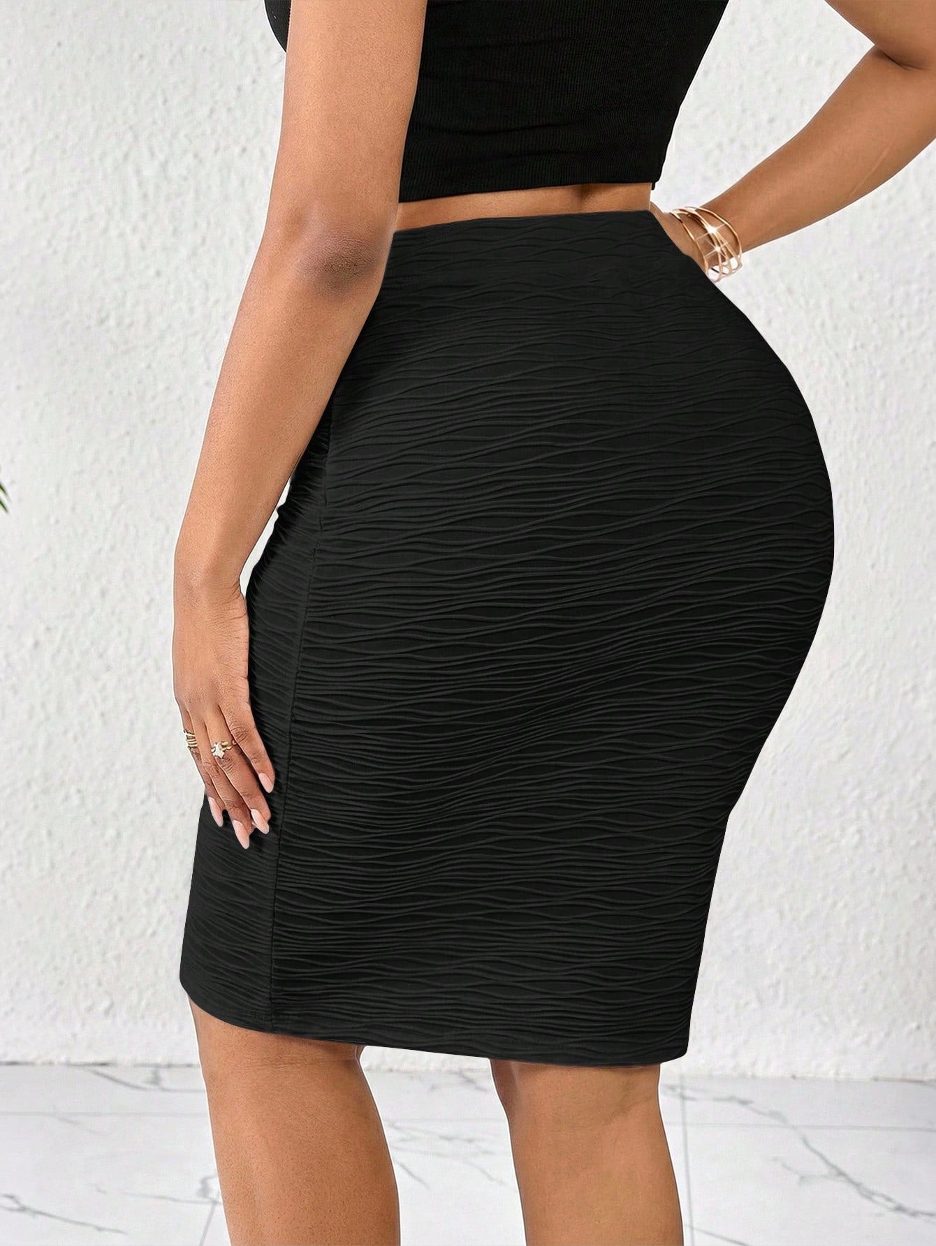 Lady Women Black Skinny Skirt Wavy Pattern Bodycon High Waist Midi Skirt