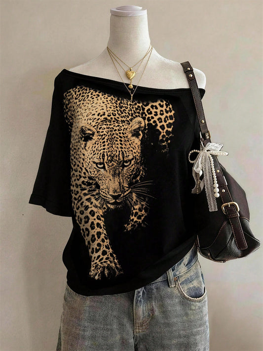 Lalippa Leopard Print Graphic Minimalist Round Neck T-Shirt, Gift For Friends