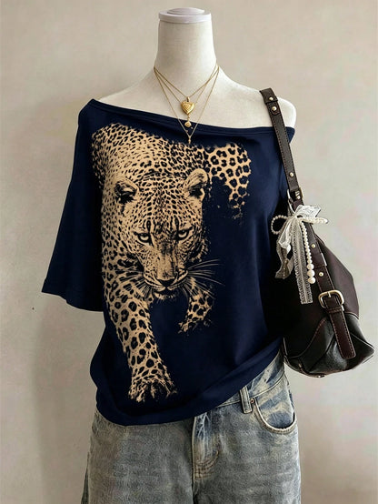 Lalippa Leopard Print Graphic Minimalist Round Neck T-Shirt, Gift For Friends