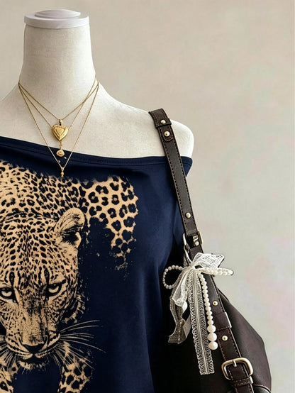Lalippa Leopard Print Graphic Minimalist Round Neck T-Shirt, Gift For Friends