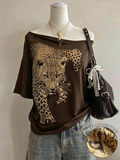 Lalippa Shiny Leopard Print + Rhinestone Embellished Fashionable Minimalist Women's Plus Size Round Neck T-Shirt, Friend's Gift