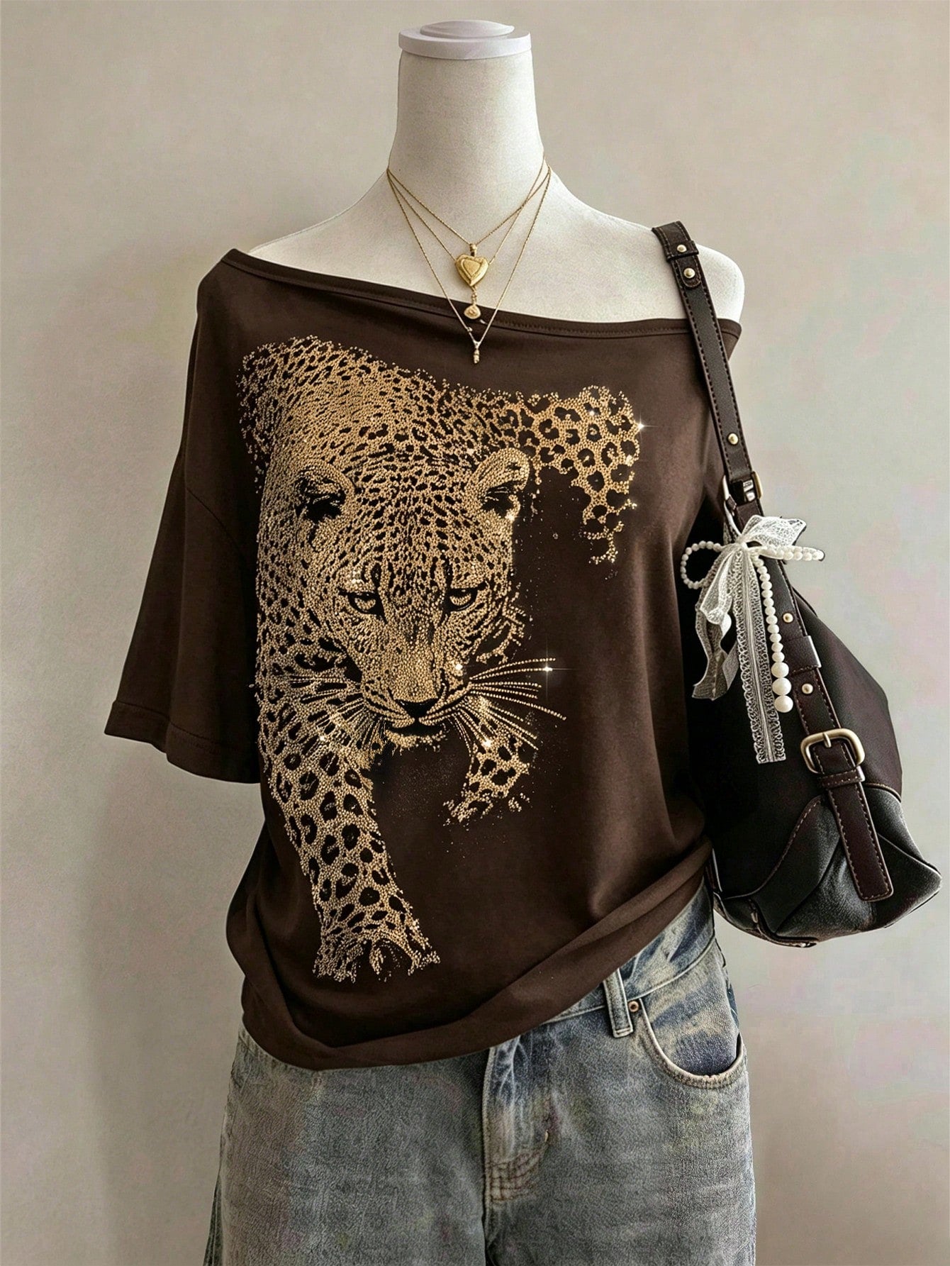 Lalippa Shiny Leopard Print + Rhinestone Embellished Fashionable Minimalist Women's Plus Size Round Neck T-Shirt, Friend's Gift