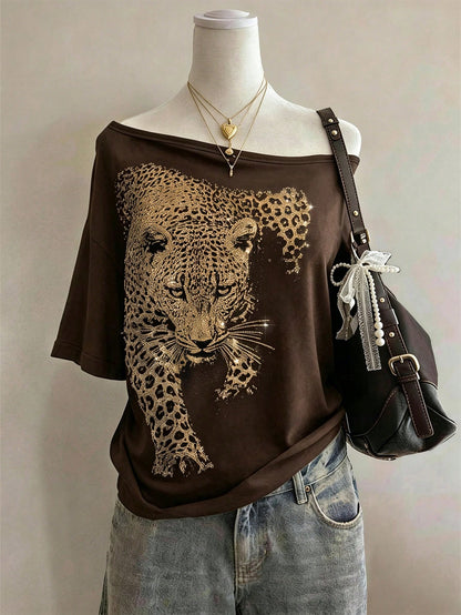 Lalippa Shiny Leopard Print + Rhinestone Embellished Fashionable Minimalist Women's Plus Size Round Neck T-Shirt, Friend's Gift