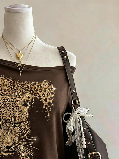 Lalippa Shiny Leopard Print + Rhinestone Embellished Fashionable Minimalist Women's Plus Size Round Neck T-Shirt, Friend's Gift