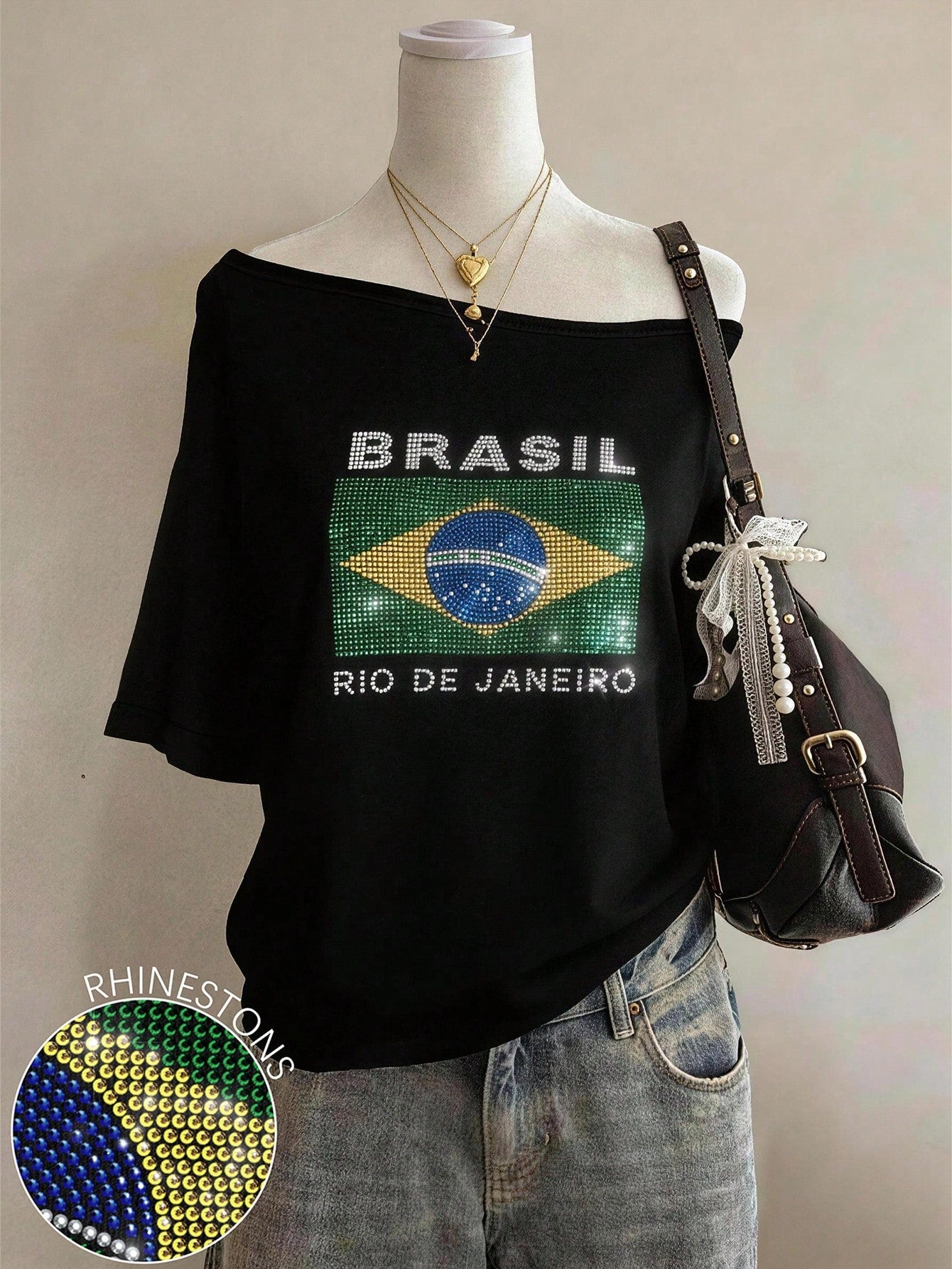 Lalippa Shiny Leopard Print + Rhinestone Embellished Fashionable Minimalist Women's Plus Size Round Neck T-Shirt, Friend's Gift