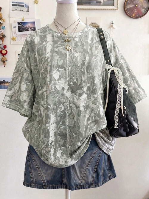Lalippa Women's Round Neck Plant Print Casual Versatile Daily Wear Short Sleeve T-Shirt