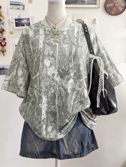 Lalippa Women's Round Neck Plant Print Casual Versatile Daily Wear Short Sleeve T-Shirt