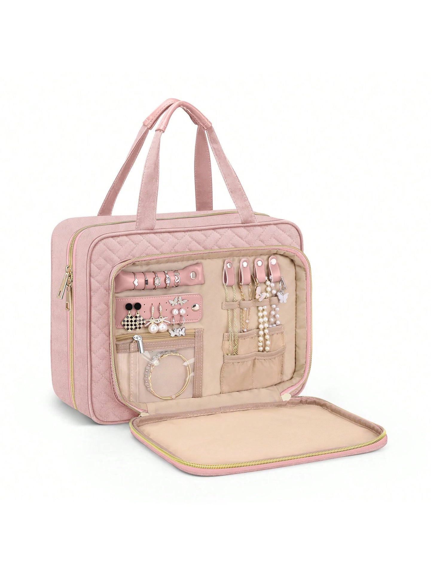 Large Capacity Hanging Toiletry Bag Partitioned Storage Makeup Cosmetic Organizer With Jewelry Compartment For Cruise, Travel And Weekend Trips