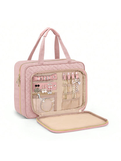 Large Capacity Hanging Toiletry Bag Partitioned Storage Makeup Cosmetic Organizer With Jewelry Compartment For Cruise, Travel And Weekend Trips