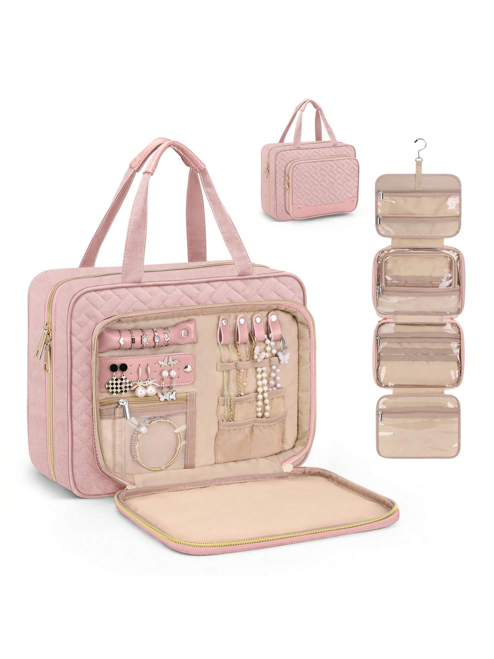 Large Capacity Hanging Toiletry Bag Partitioned Storage Makeup Cosmetic Organizer With Jewelry Compartment For Cruise, Travel And Weekend Trips