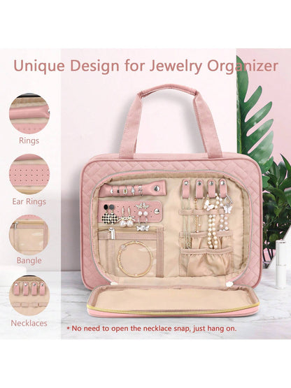 Large Capacity Hanging Toiletry Bag Partitioned Storage Makeup Cosmetic Organizer With Jewelry Compartment For Cruise, Travel And Weekend Trips